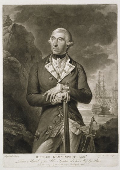 Retrato de Richard Kempenfelt (1718-82) Vicealmirante de la Flota Azul, grabado por Richard Earlom, pub. por John Boydell, 1782 de Tilly Kettle